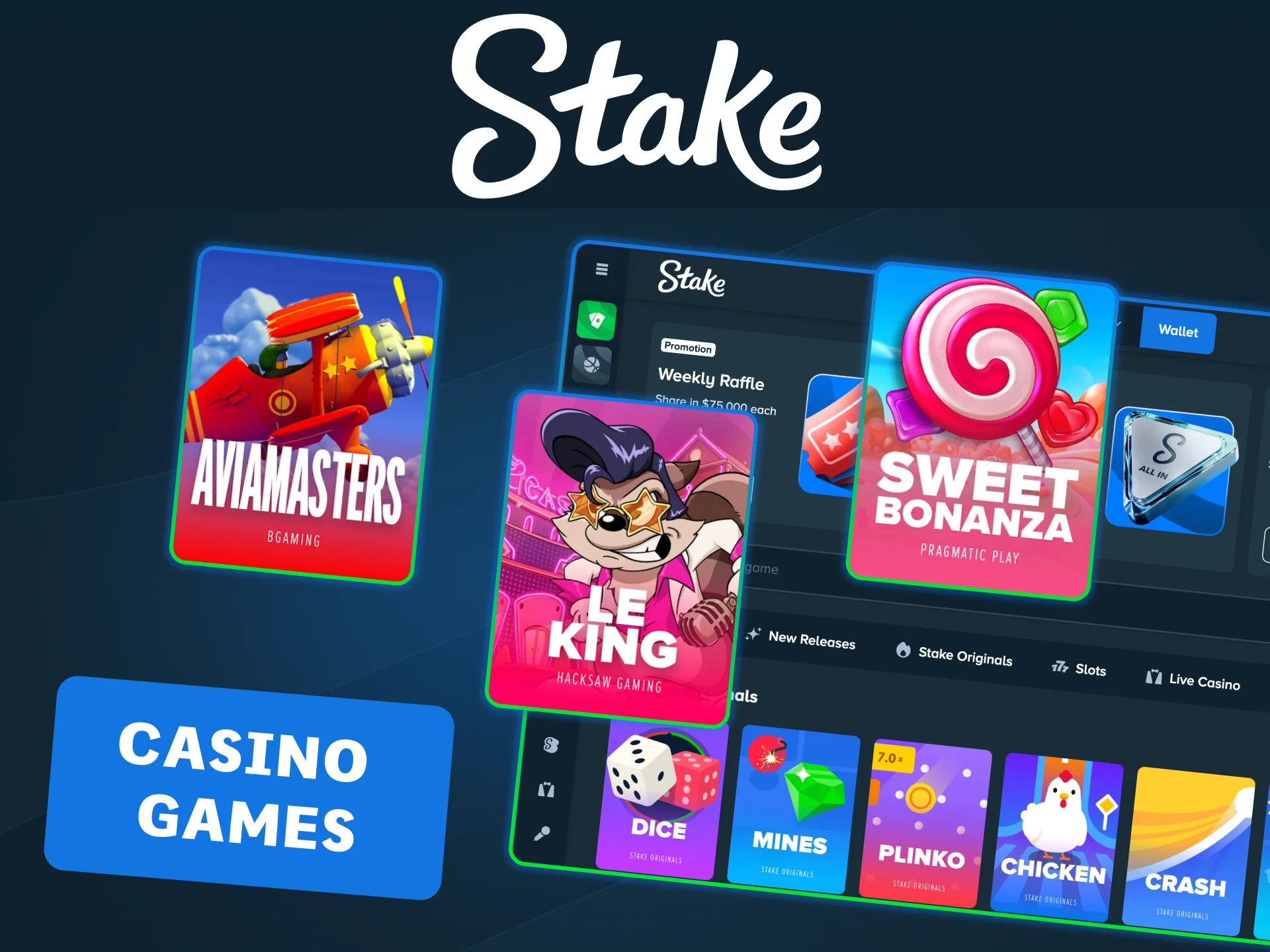 Enjoy a rich library of casino games at Stake Casino anytime.