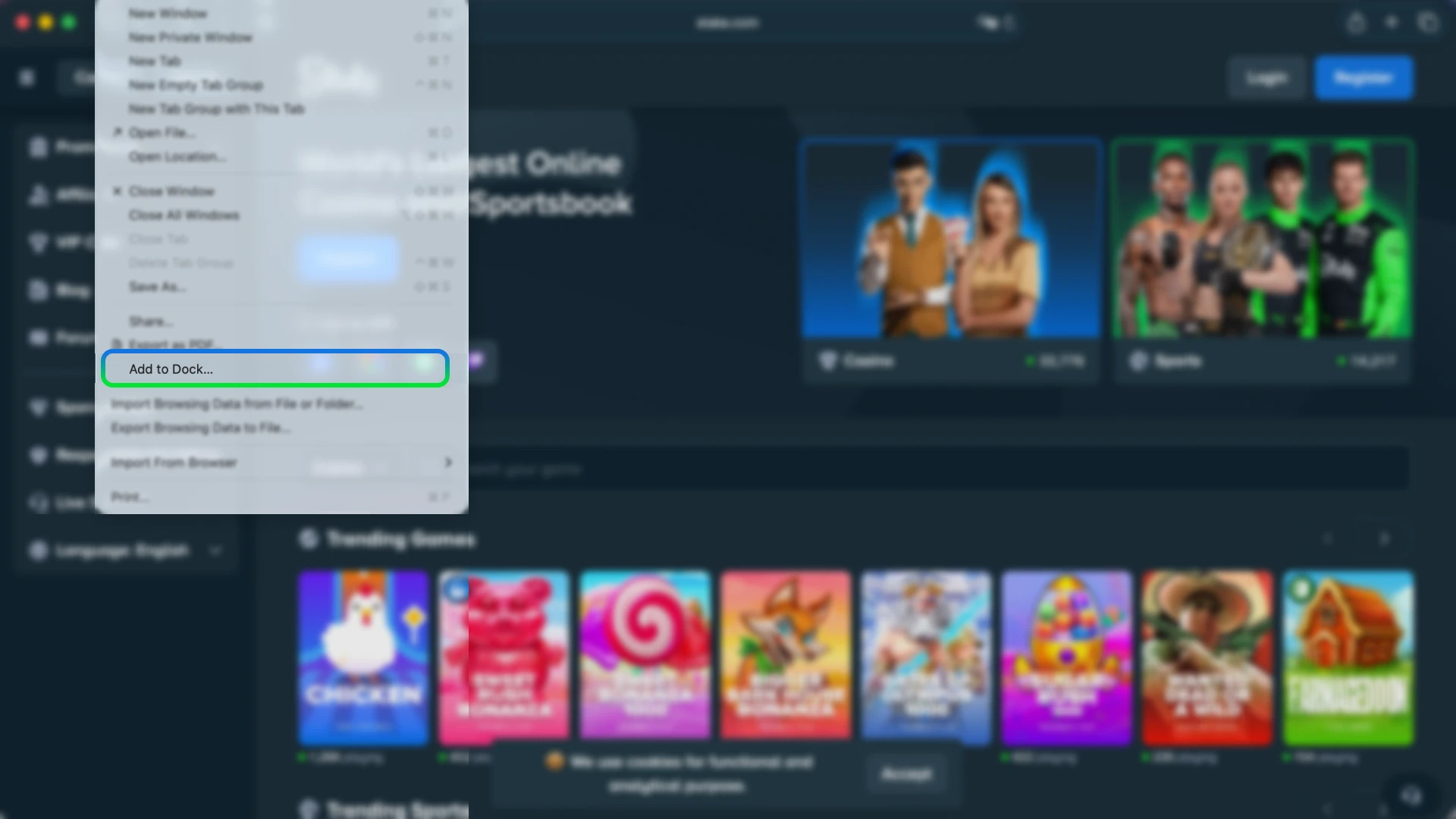Use the browser menu to set up Stake as an app.
