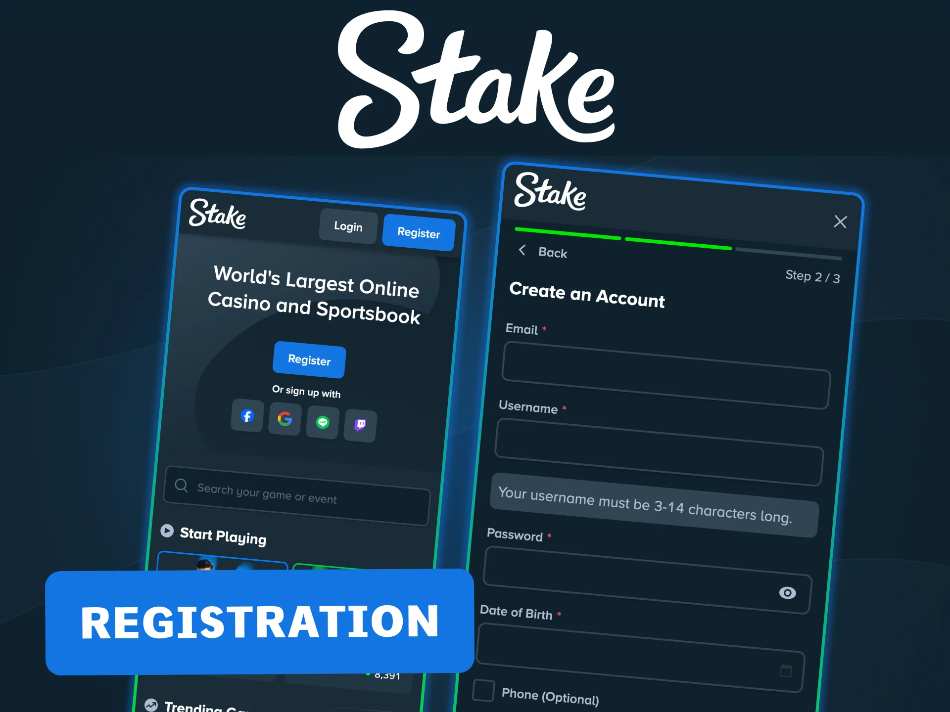 Register a new account on Stake app and start playing casino and sports today.
