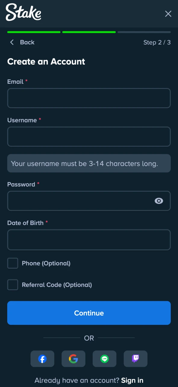 Sign up at Stake with a simple registration form.