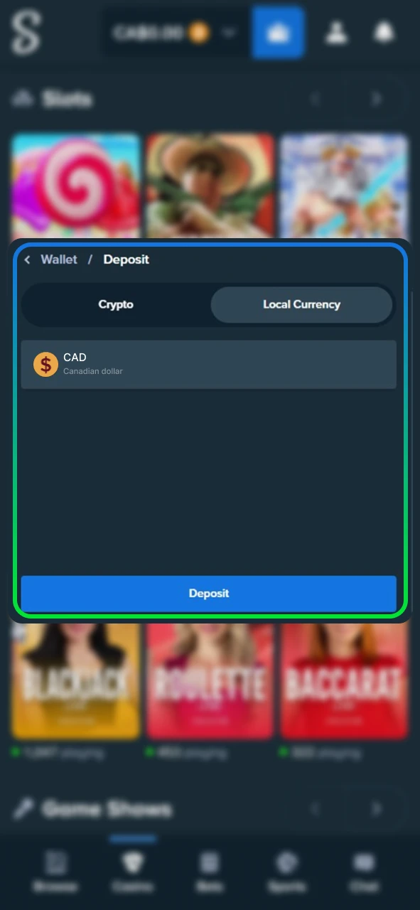 Choose a payment method on Stake Wallet for deposits and withdrawals.