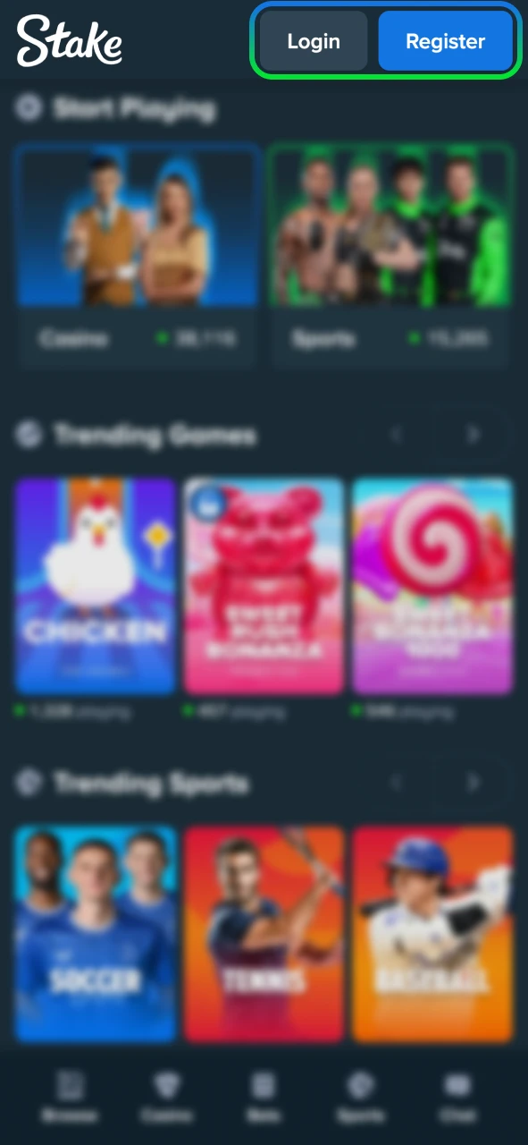 Click Register or Login on Stake to access your account.