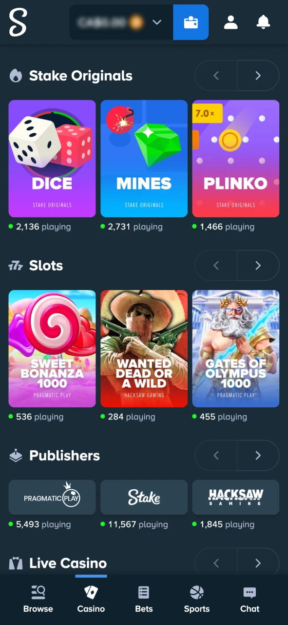 Pick a game in Stake Casino and start playing slots or live tables.