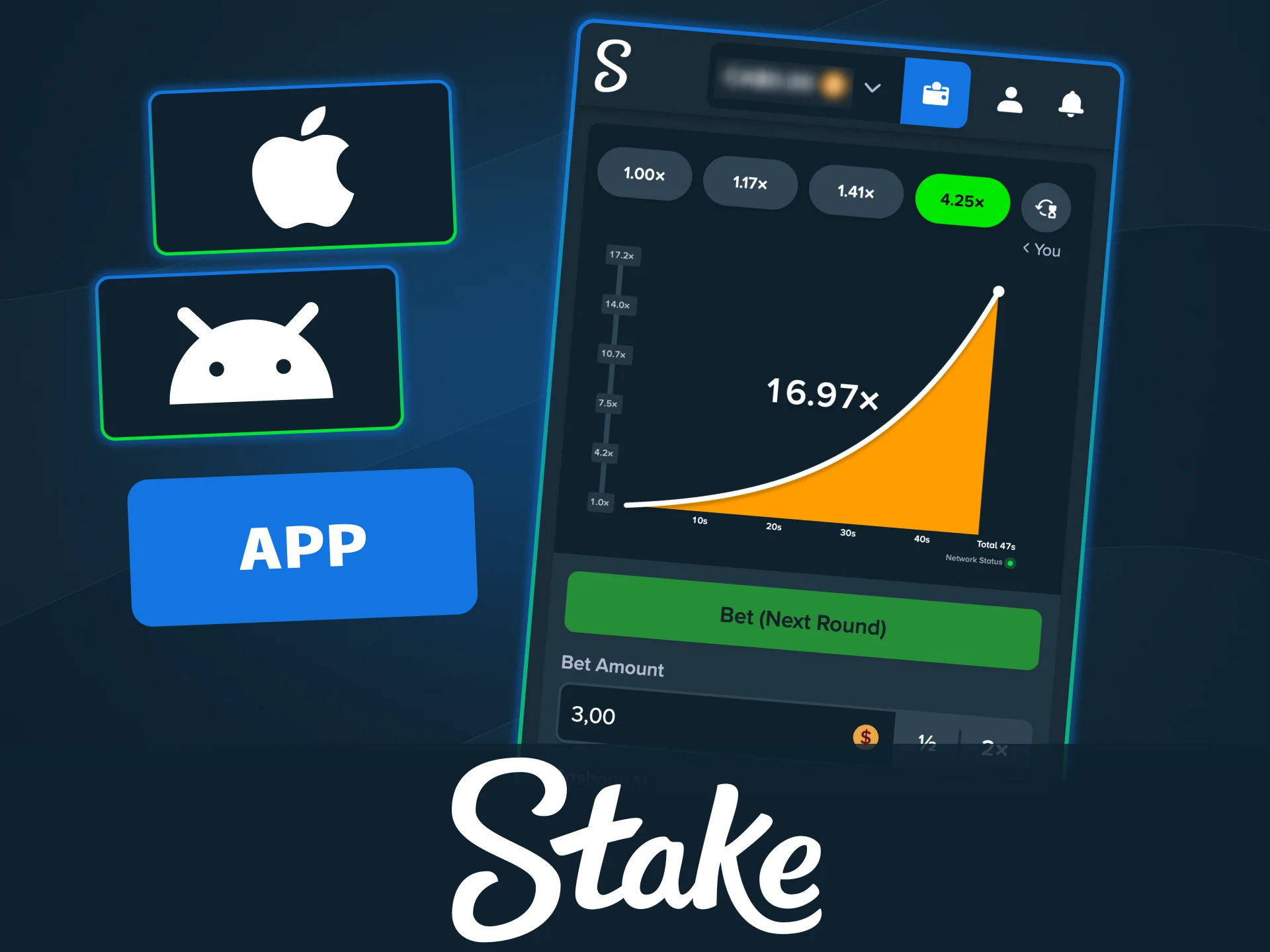 Download the Stake app to access your account and play Crash fast on mobile.