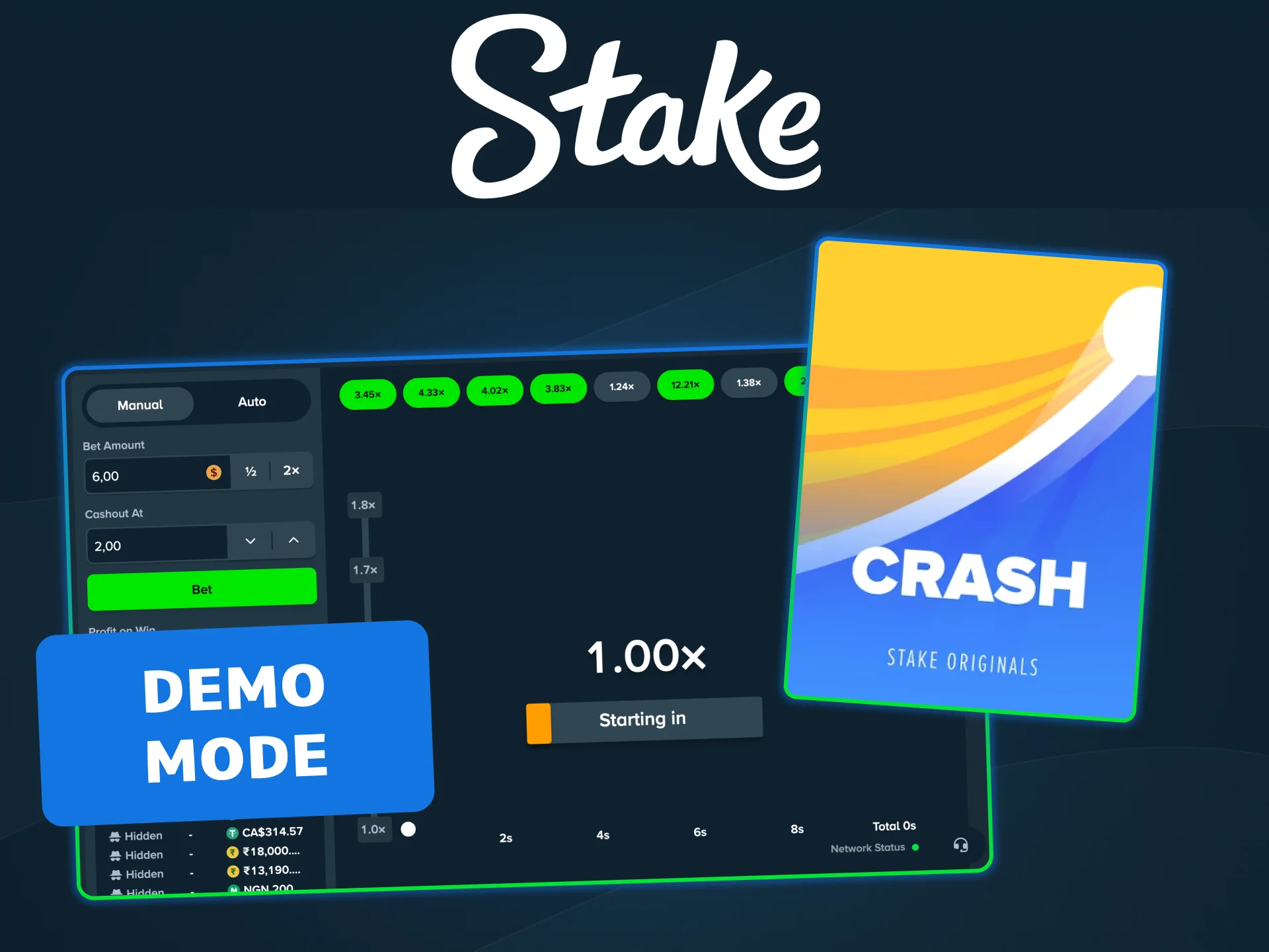 Play Stake Crash for free in demo mode and explore the interface confidently.