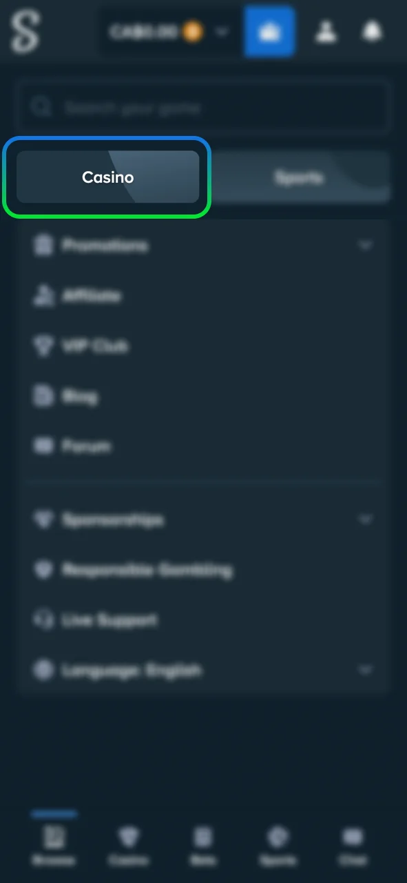 Navigate to the Casino tab in Stake to start playing.