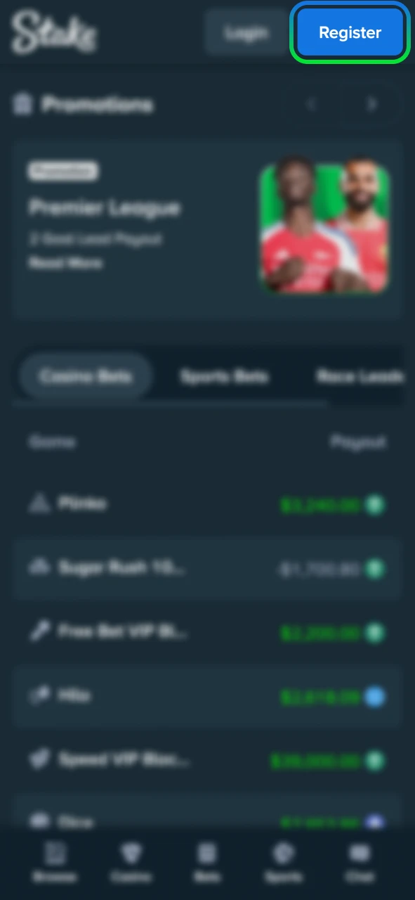 Click Register on Stake to create your account.