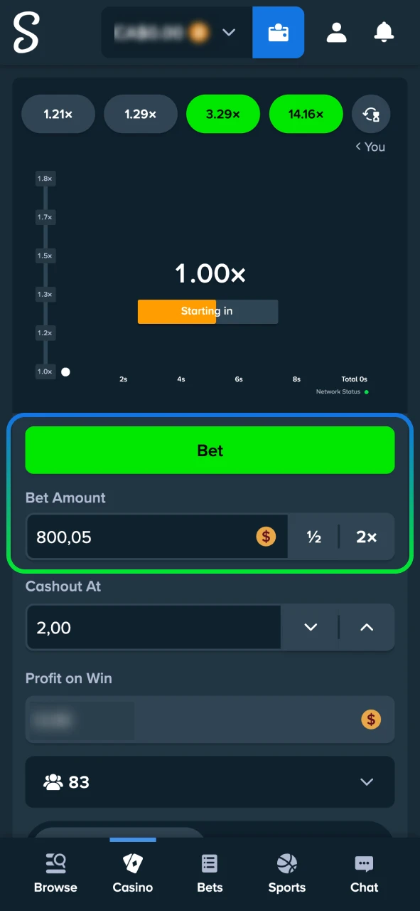 Enter your stake and click Bet to play Stake Crash.