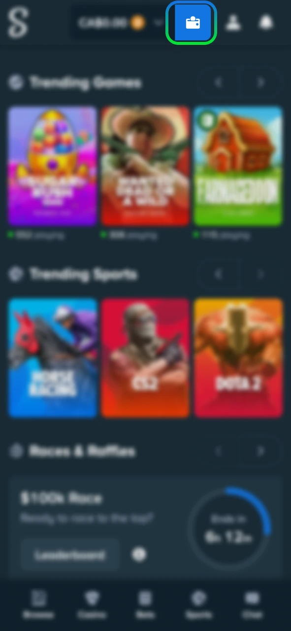 Press the Wallet button to top up your Stake account.