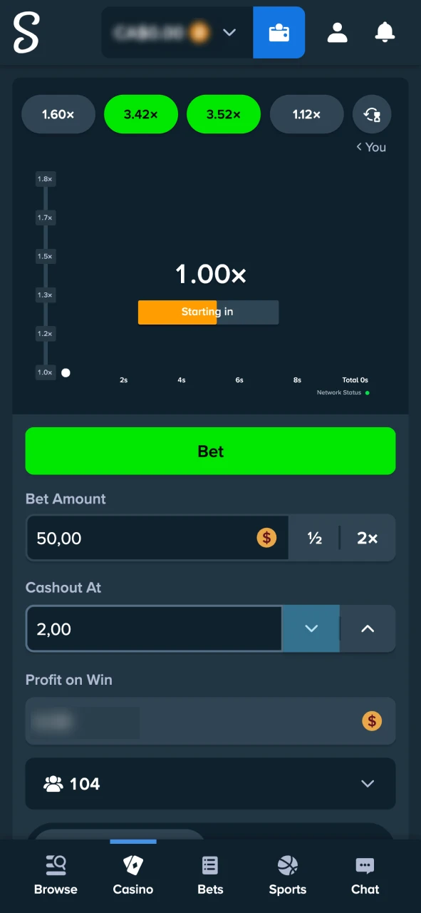 Start a new round in Stake Crash and watch the multiplier rise.