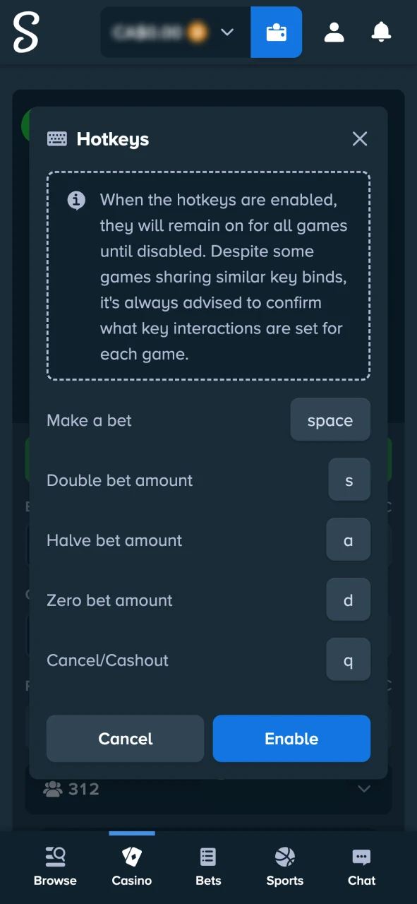 Use hotkeys in Stake Crash to place bets and cash out quickly.