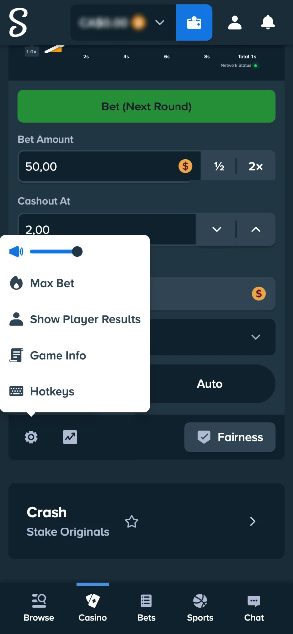 Stake Crash lets you customize gameplay in the settings menu.