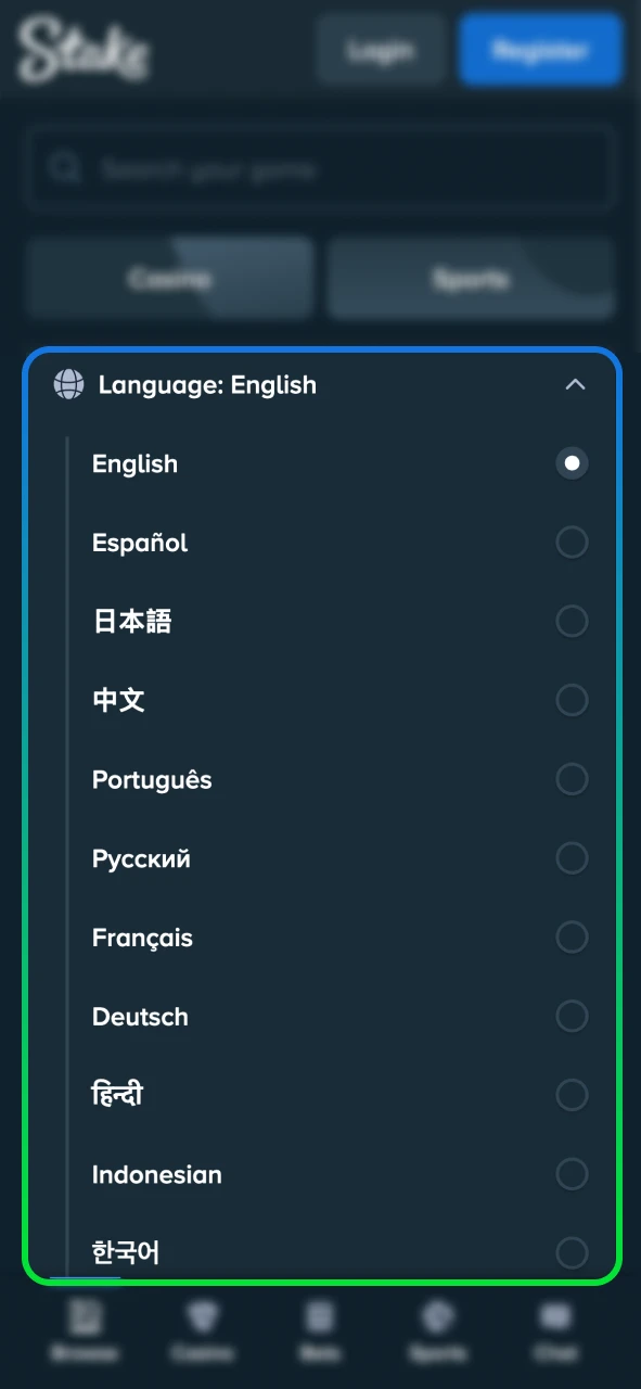 Choose your preferred language and continue on Stake.