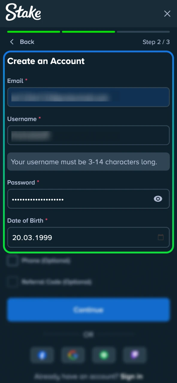Create a Stake account by filling in the required details.
