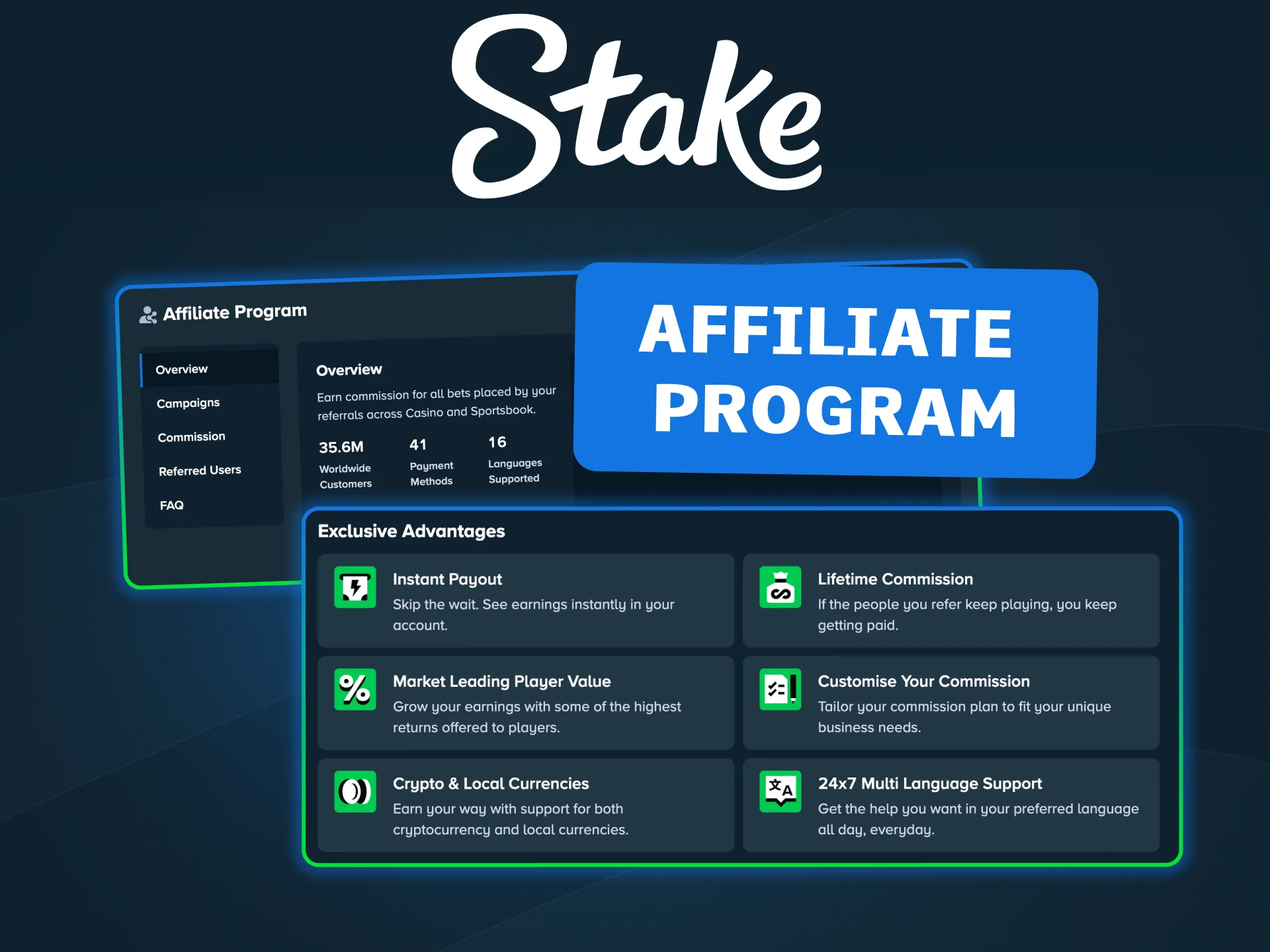 Register on Stake to join the Affiliate Program and start earning from every referred player.