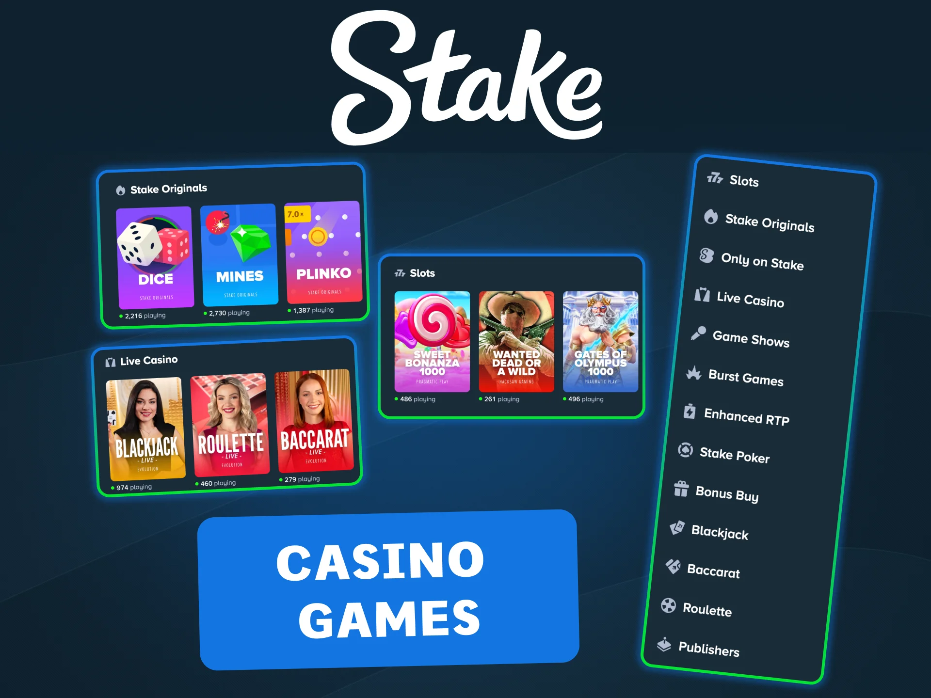 Play thousands of casino games and live tables on Stake.