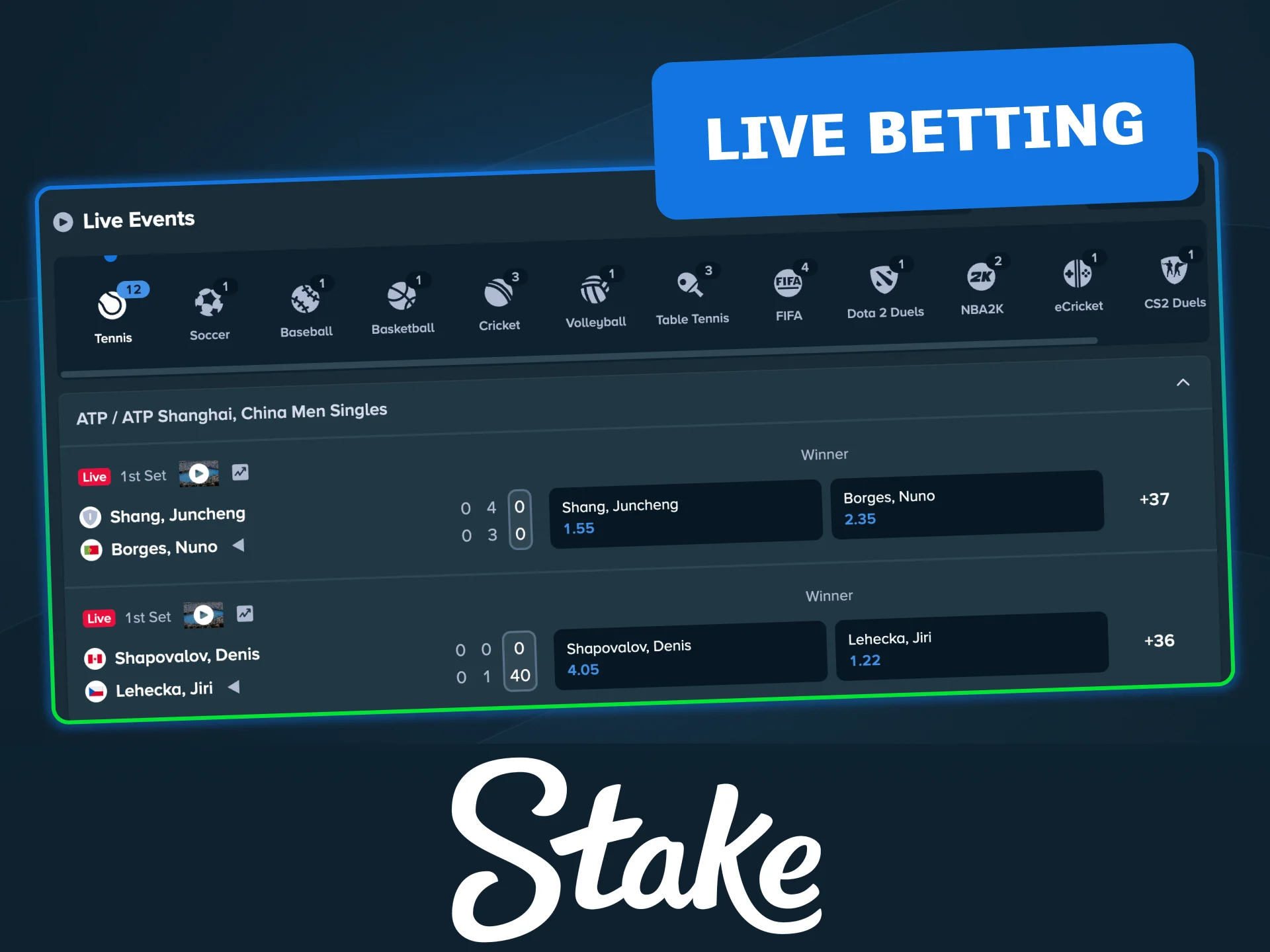 Bet live on Stake as odds change every play or point.