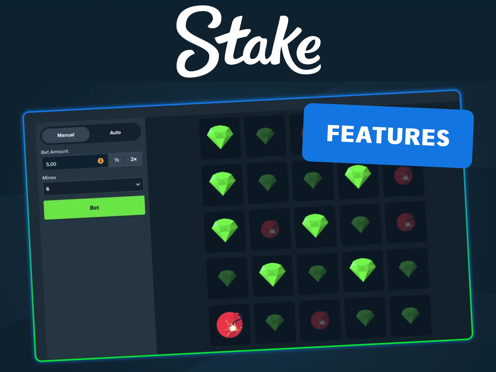 Play Stake Mines by selecting a grid, placing mines, and cashing out anytime.