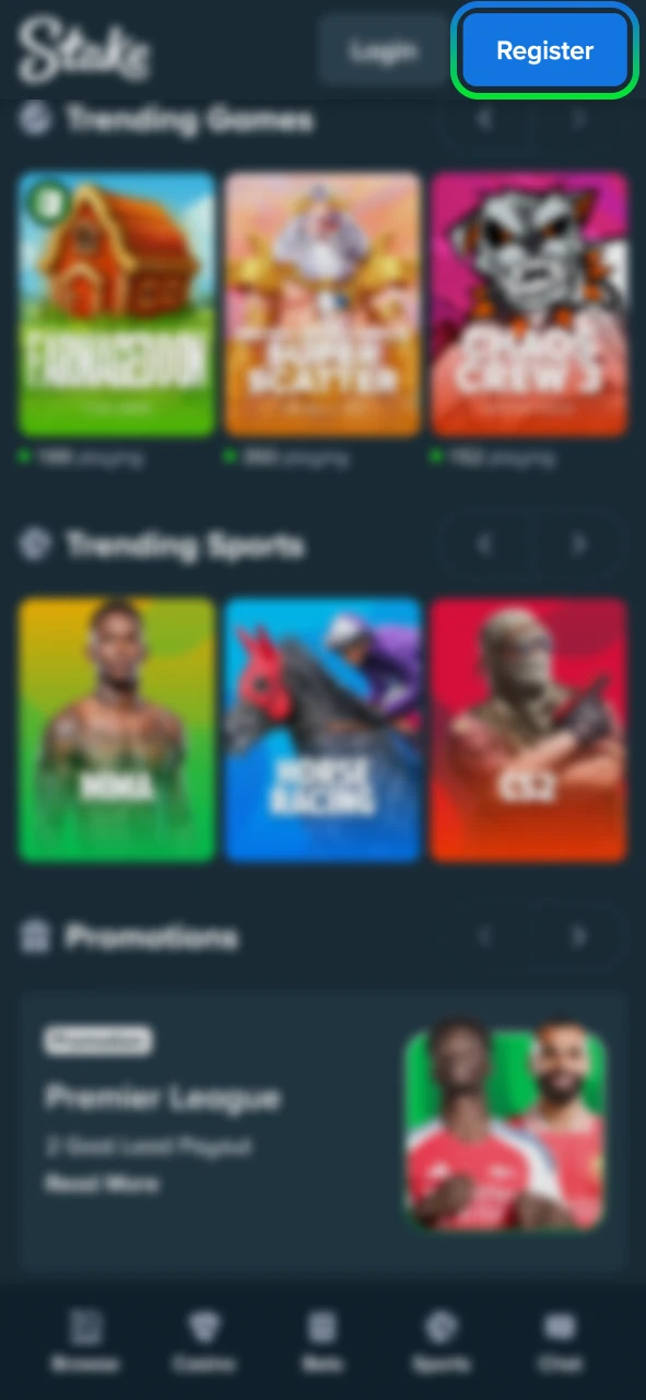 Press Register on Stake and complete the registration form.