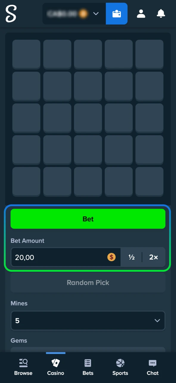 Start playing Stake by adjusting settings and placing a bet.