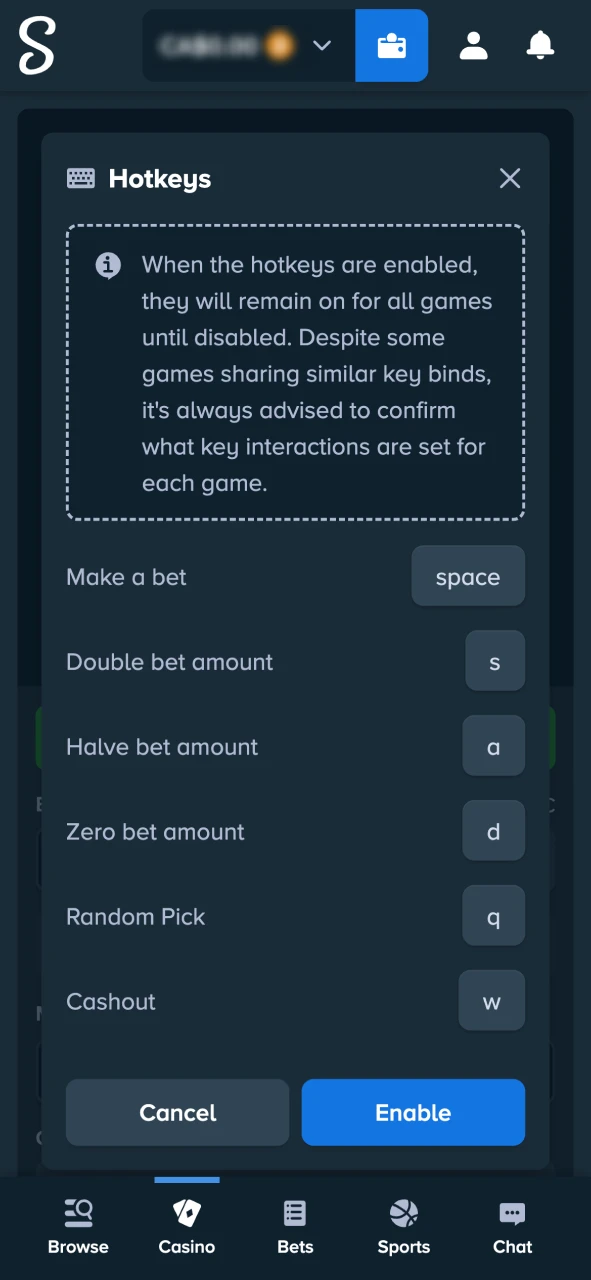 Use hotkeys in Stake Mines for faster tile selection.