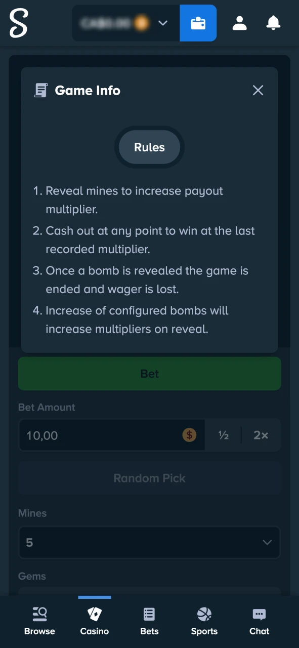 View game information and rules in Stake Mines.