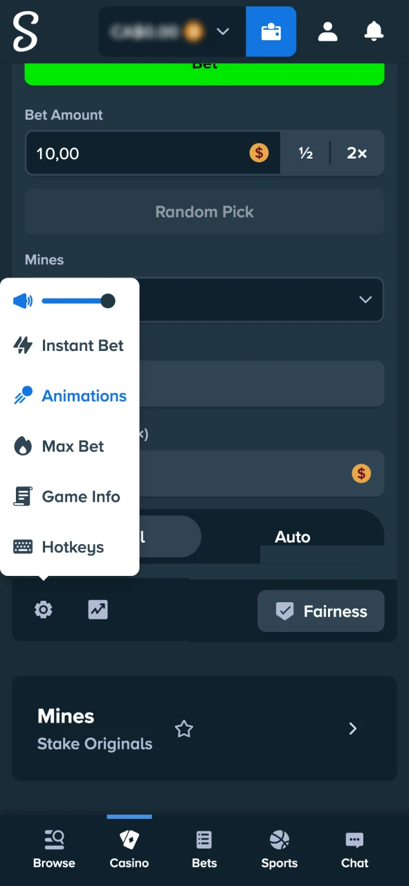 Configure Stake Mines options for faster and smoother play.