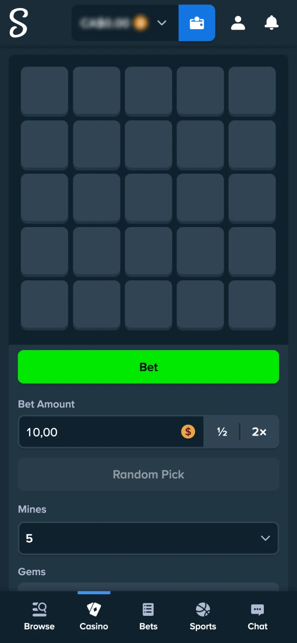 Stake Mines shows the starting board for each round.