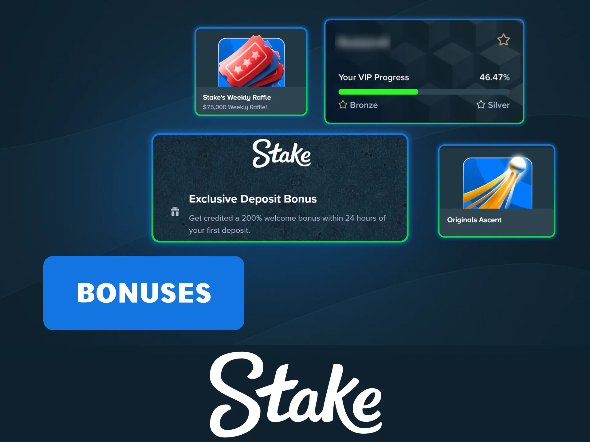 Claim bonuses and promotions on Stake to boost your casino play and win real money.