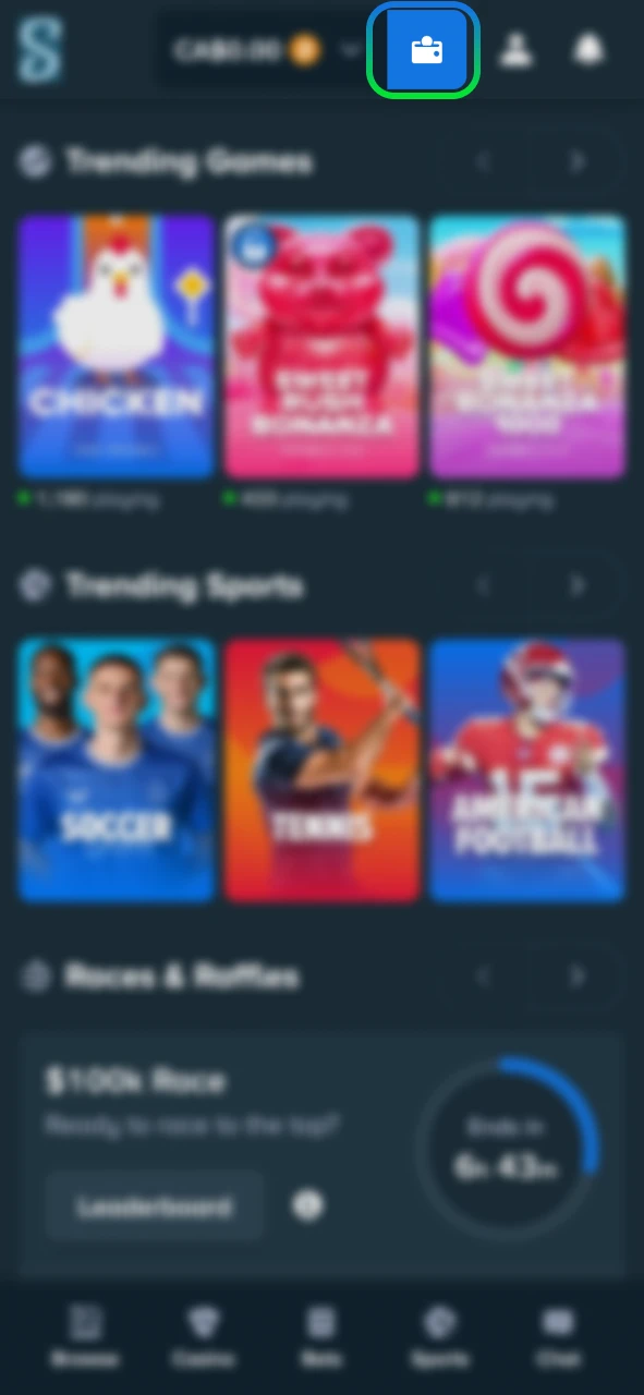 Click the Wallet button to make a deposit on Stake.