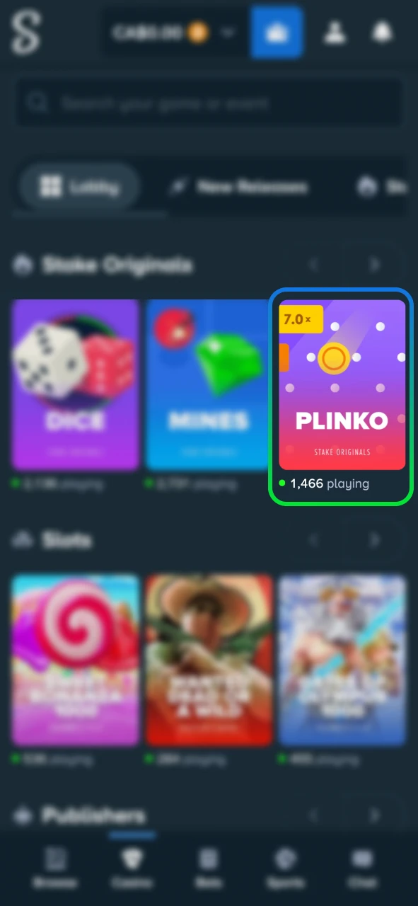 Open Stake Plinko in the Casino tab under Stake Originals.