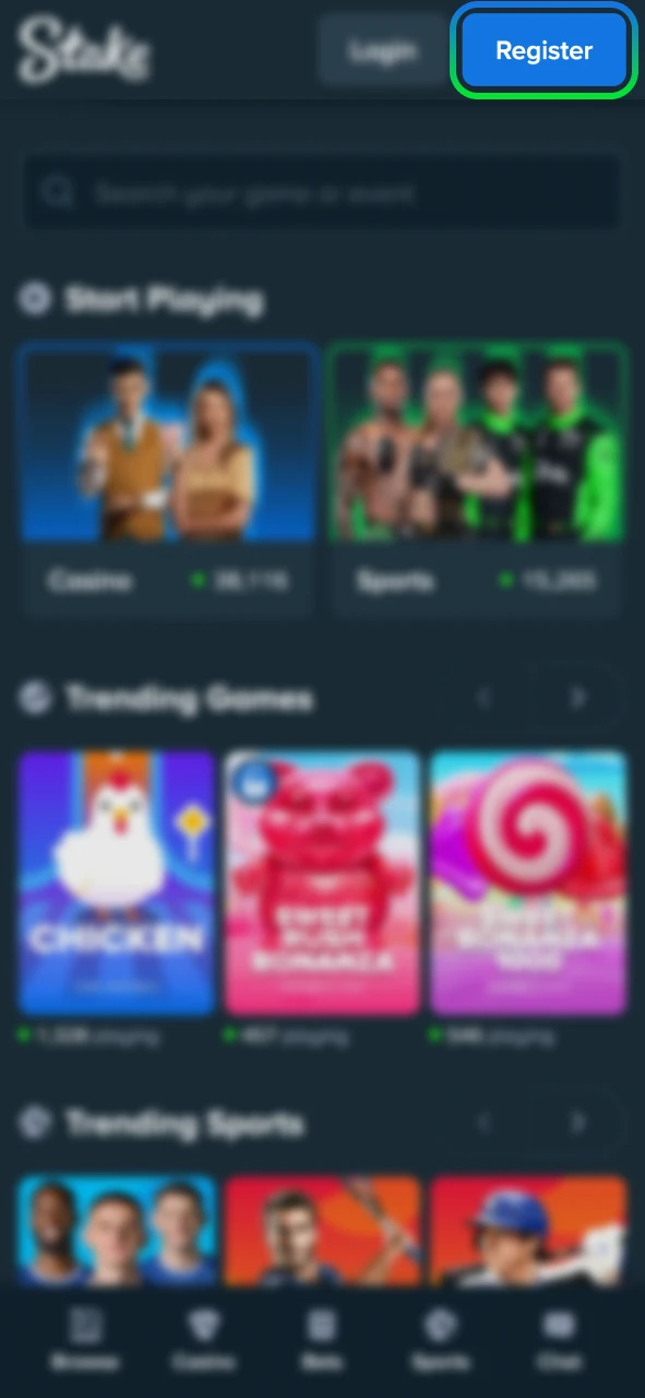 Register on Stake by clicking the Register button.