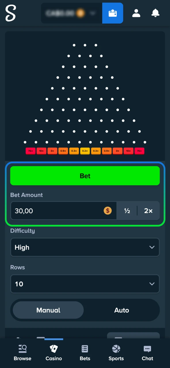 Start playing Stake Plinko by setting preferences and hitting Bet.