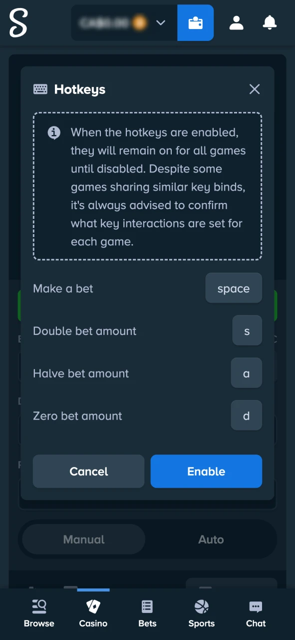 Use hotkeys in Stake Plinko to play faster and easier.
