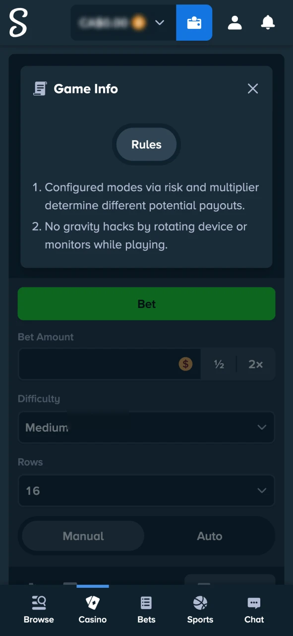 View game information and rules in Stake Plinko.