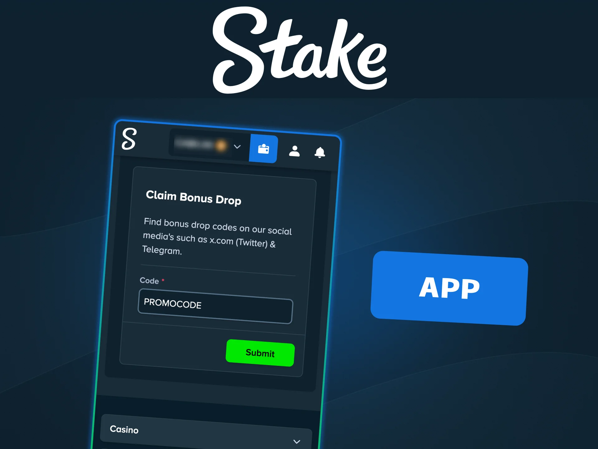 Enter a Stake promo code in the mobile app to unlock bonus rewards.