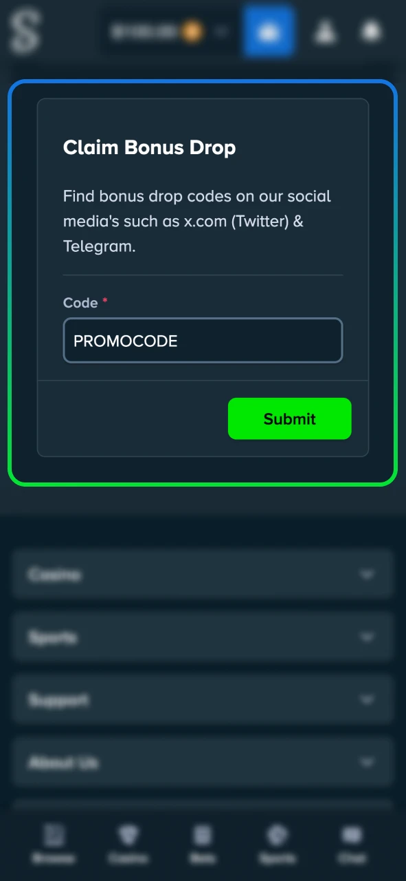 Stake allows entering the code later in the Offers section.