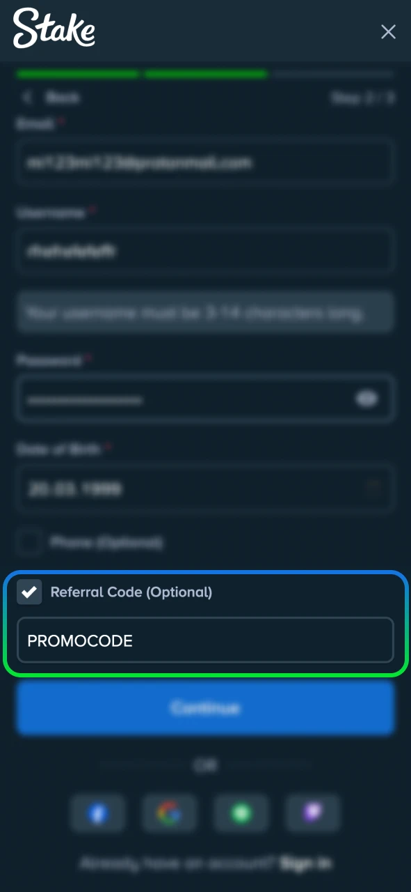 Enter your promo code on Stake sign-up form to claim the welcome bonus.