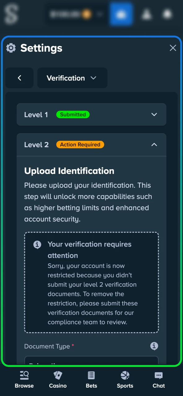 Verify your Stake account to start playing and claim promotions.