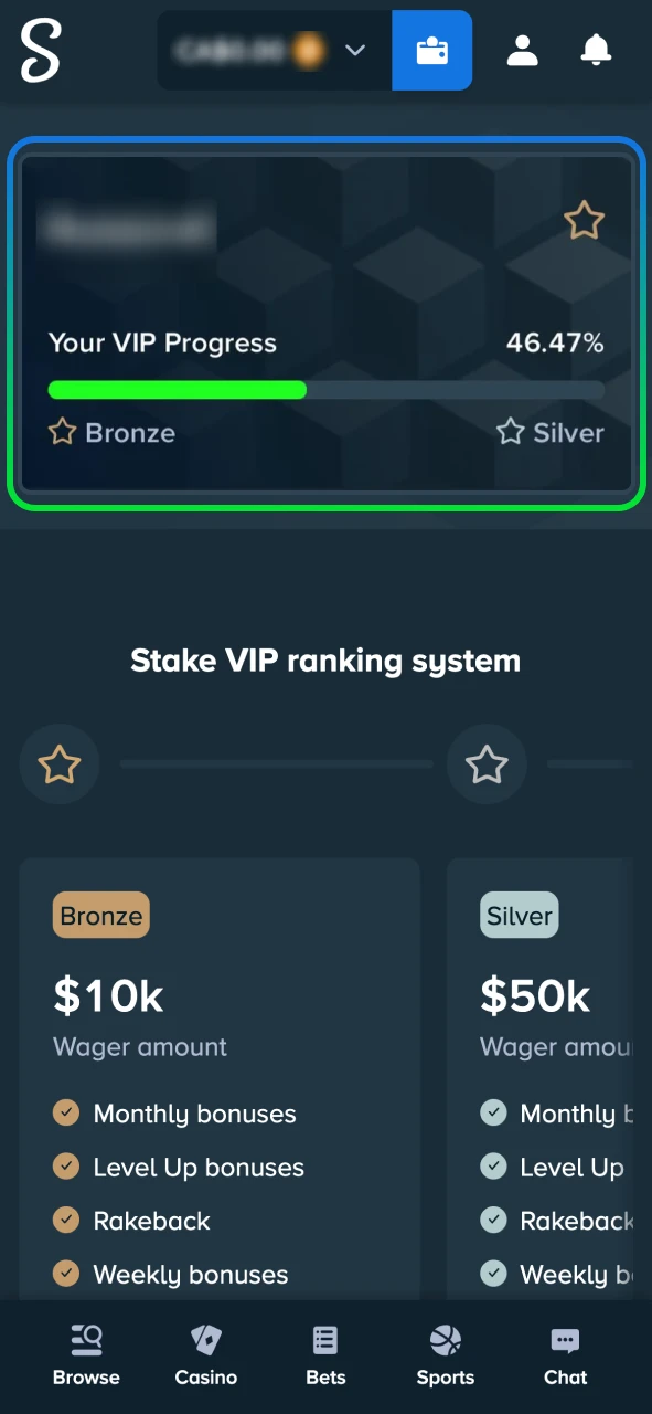 Stake VIP tab shows your progress and unlocked rewards.