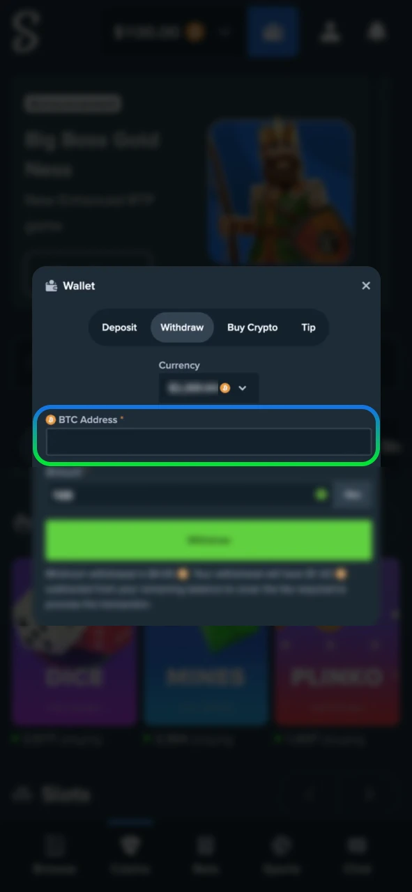 Enter your crypto address or bank details to withdraw from Stake.