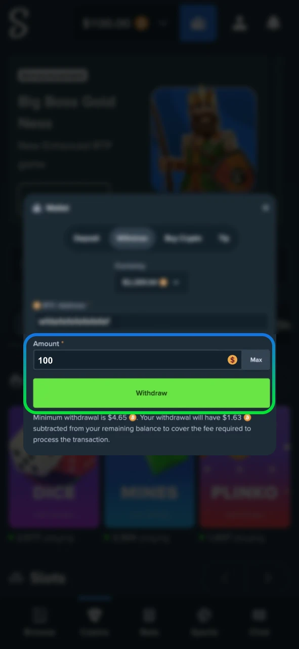 Enter the withdrawal amount and confirm on Stake.