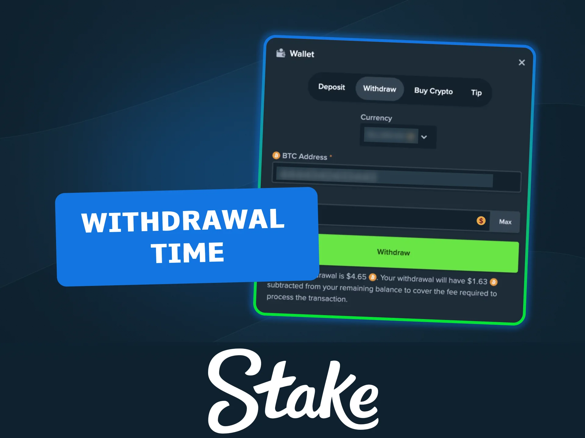 Withdraw funds quickly on Stake, with crypto processing in minutes.
