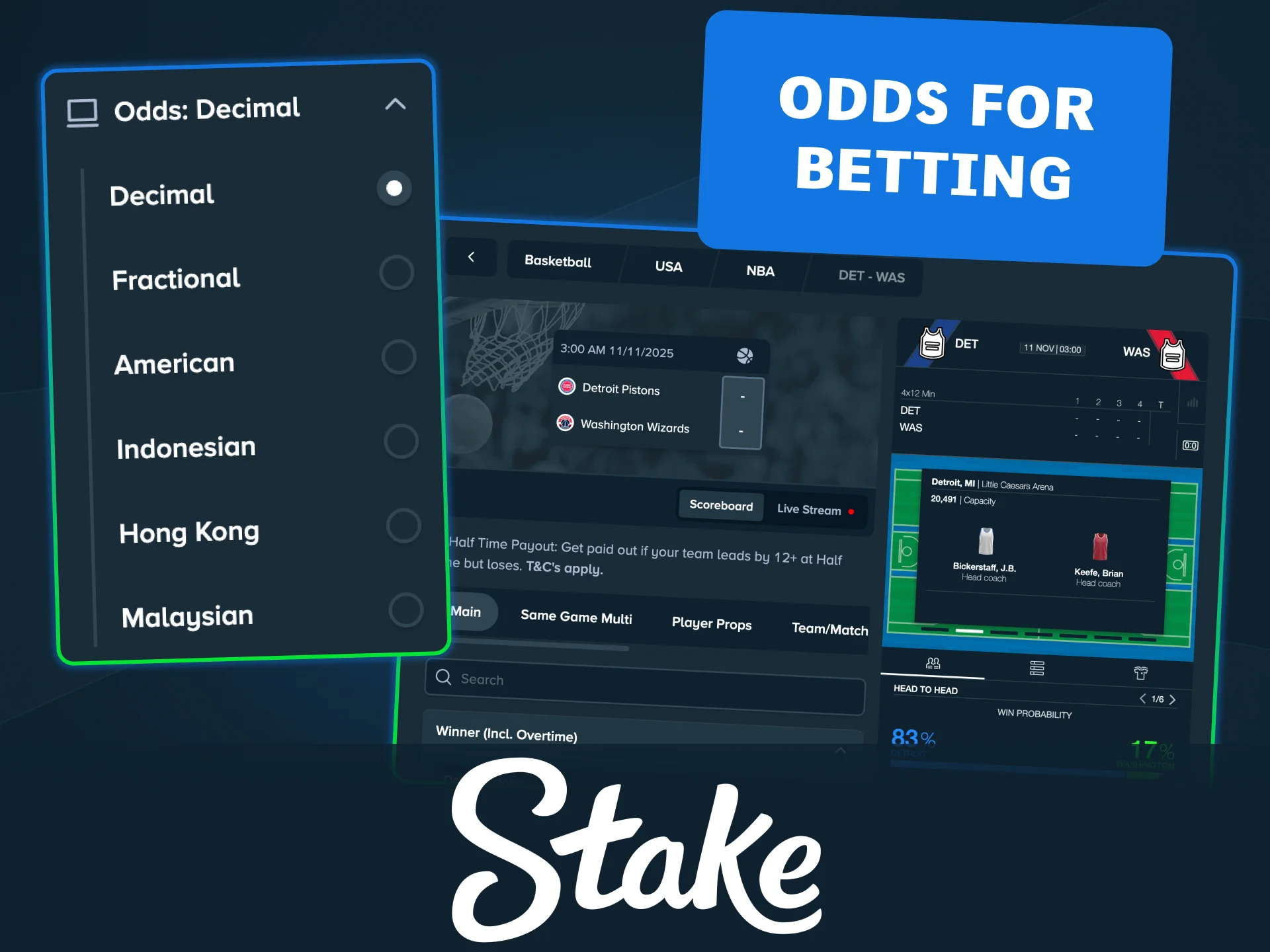 Check real-time basketball odds and choose your format on Stake.
