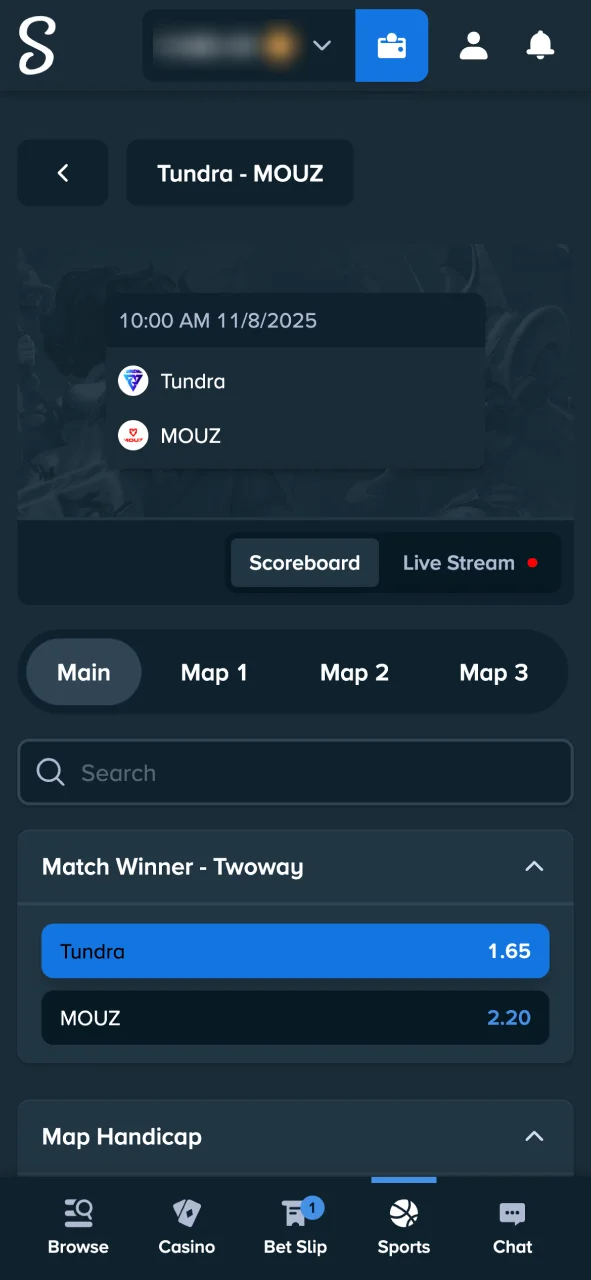 Open the esports section on Stake Casino and pick a tournament to bet on.