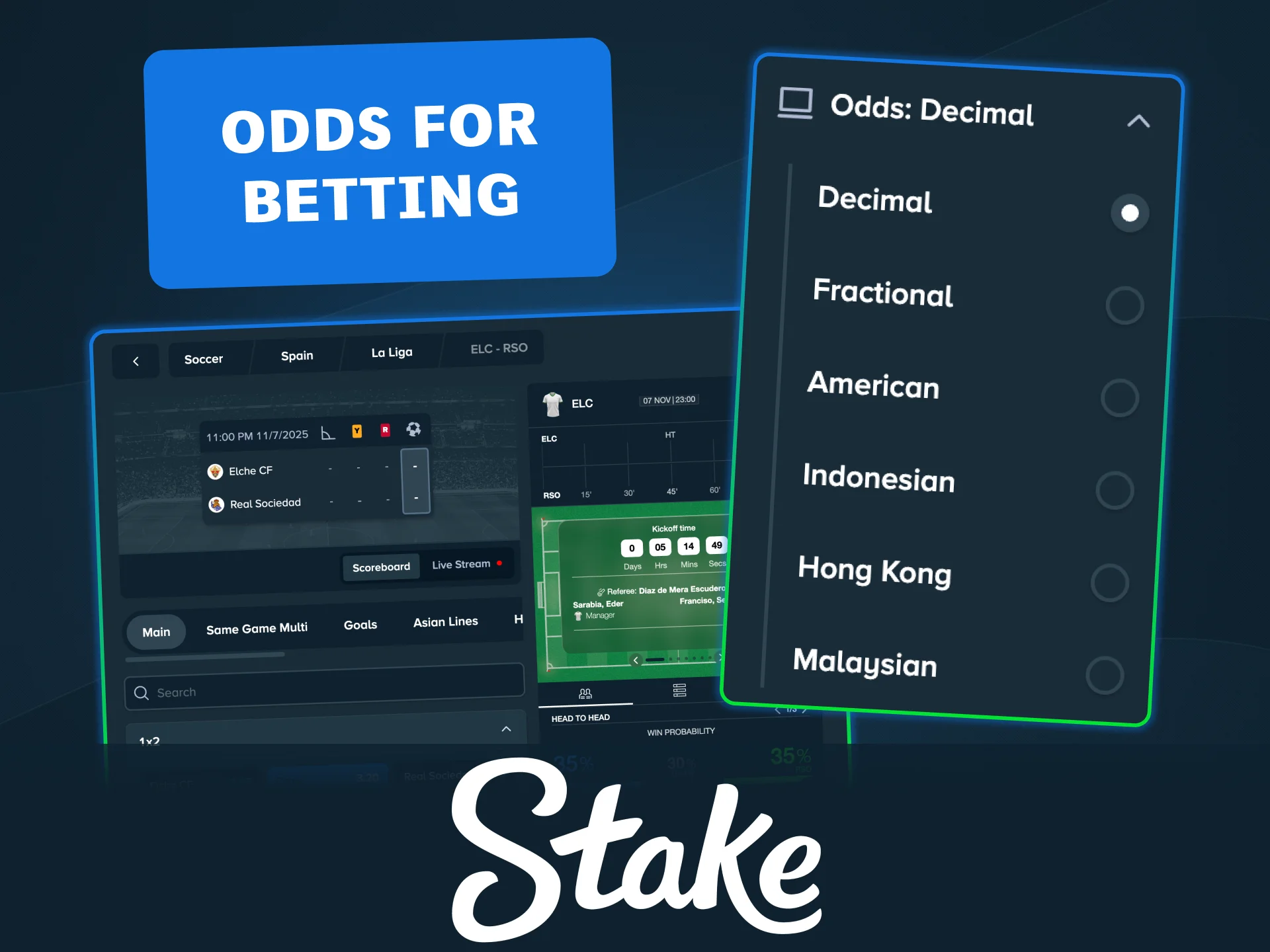 Join Stake to view decimal, fractional, or American football odds.