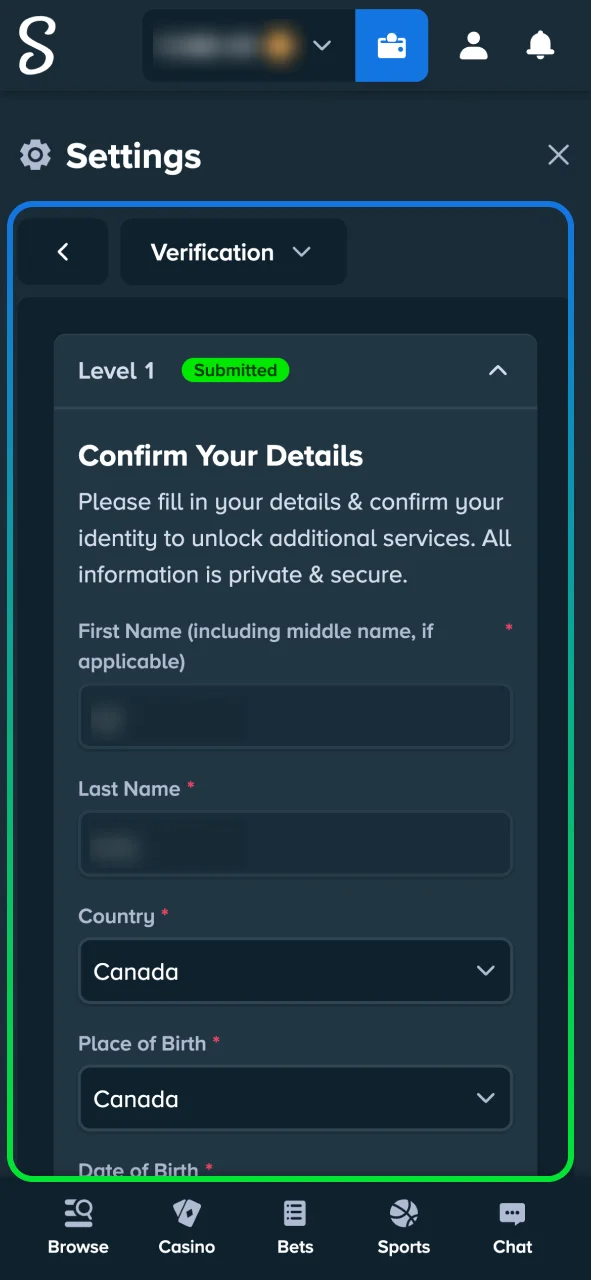 Verify your account at Stake to unlock deposits and withdrawals.