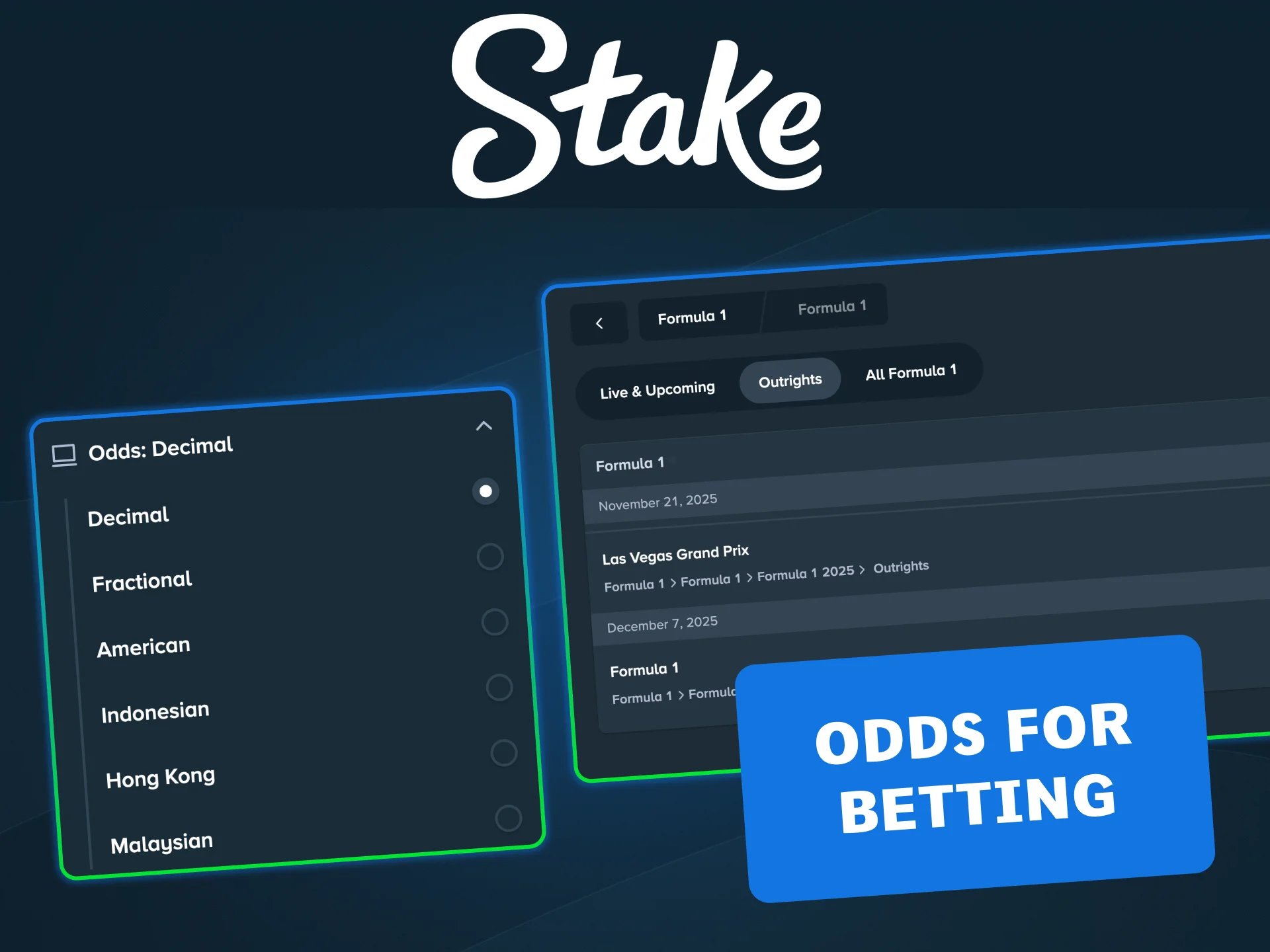 Switch between decimal, fractional, or American odds while betting on F1 with Stake.