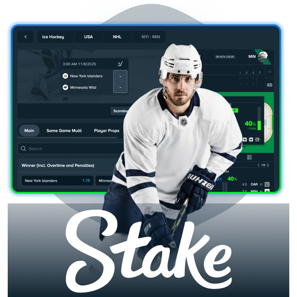 Bet on hockey at Stake Casino Canada, explore NHL, KHL, and more.