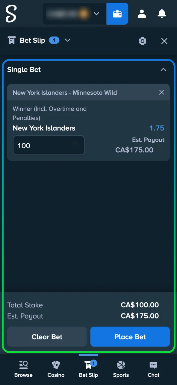 Build your hockey bet at Stake Casino by picking winners, totals, or next goal scorers.